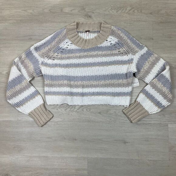 Free People Devon Cropped Sweater Womens Small Striped Grey White Mock Neck - Picture 1 of 3
